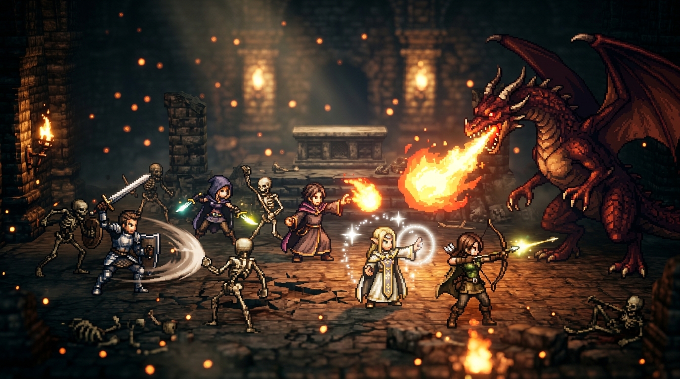 Heroes battling enemies