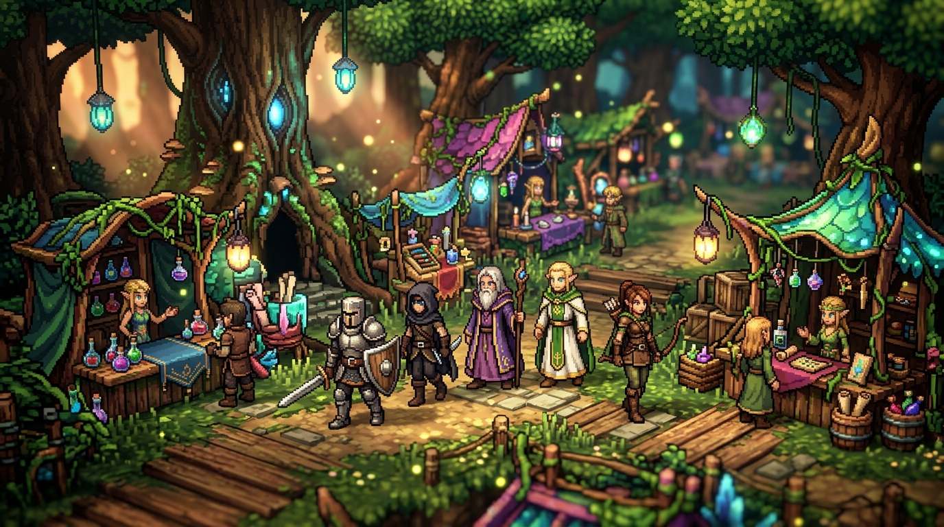 Heroes exploring elf market